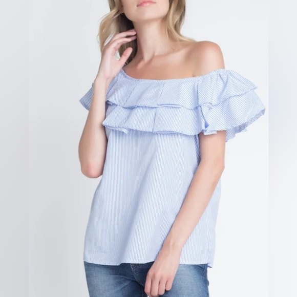Kontrol Striped Blue & White Short Sleeve Lace Trim Off Shoulder Top L - Picture 1 of 8